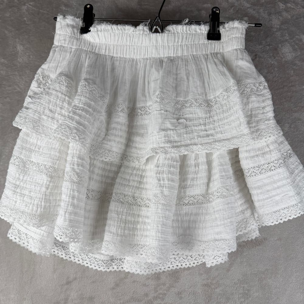 Aerie White Cotton Gauze Tiered Ruffle Mini Skirt Lace Trim Smocked Waist Small
